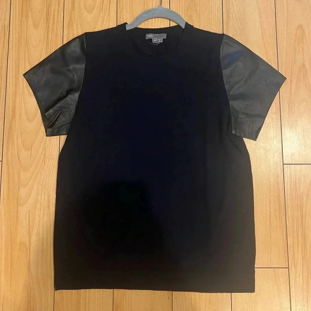 VINCE EUC Navy Blue Black Mixed Media Wool Leather T Shirt Tee M - Picture 3 of 5